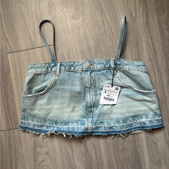 Zara Tops - ZARA Skirt Effect Crop Denim Spaghetti Straps Jean Tank Top Small NWT